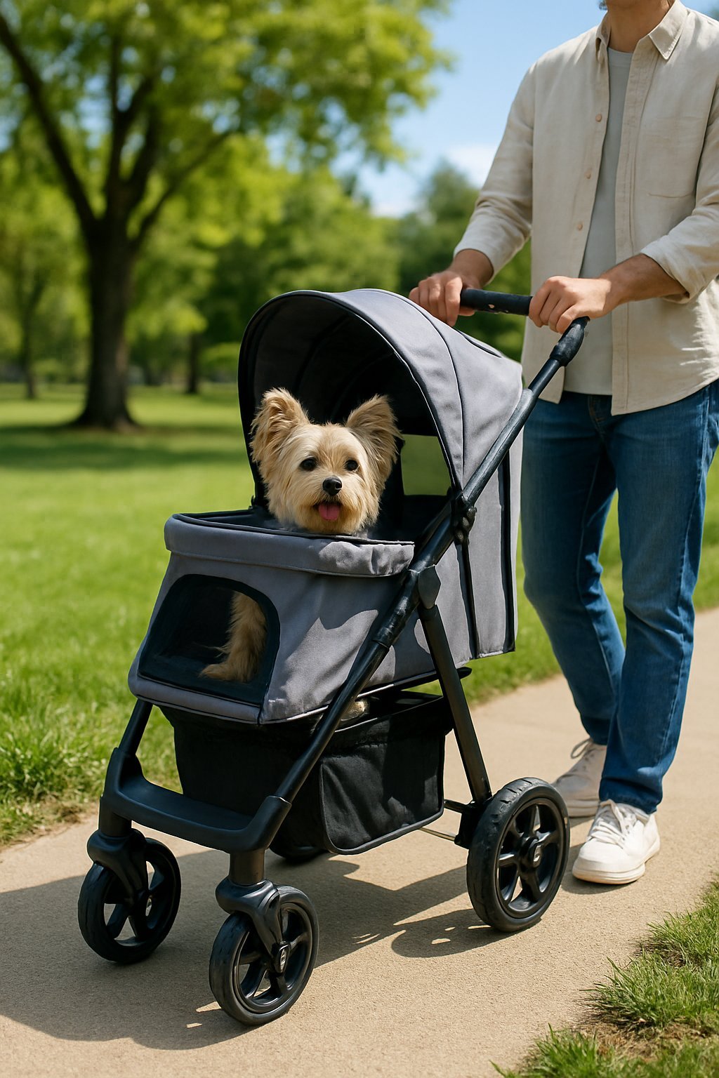 A person pushing a small dog in a modern dog stroller along a park path surrounded by trees and grass.