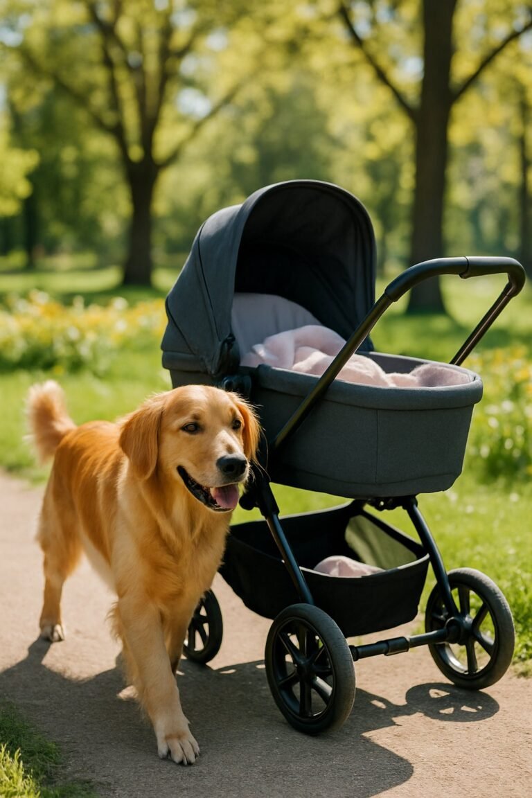 A golden retriever walking next to a baby stroller in a sunny park with green grass and trees.