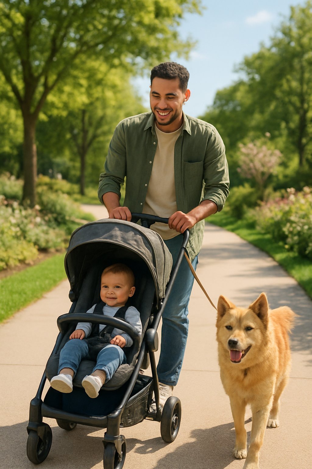 A young parent pushing a baby stroller outdoors while walking a dog on a leash in a sunny park.