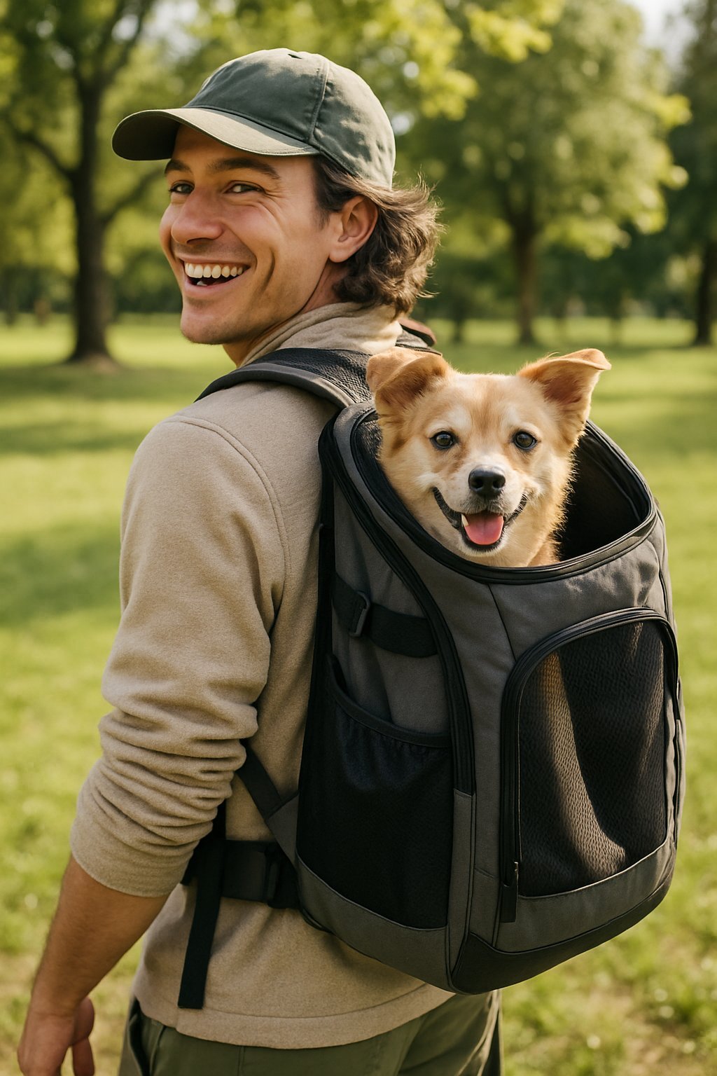 A person wearing a dog carrier backpack with a small dog peeking out, outdoors in a park.