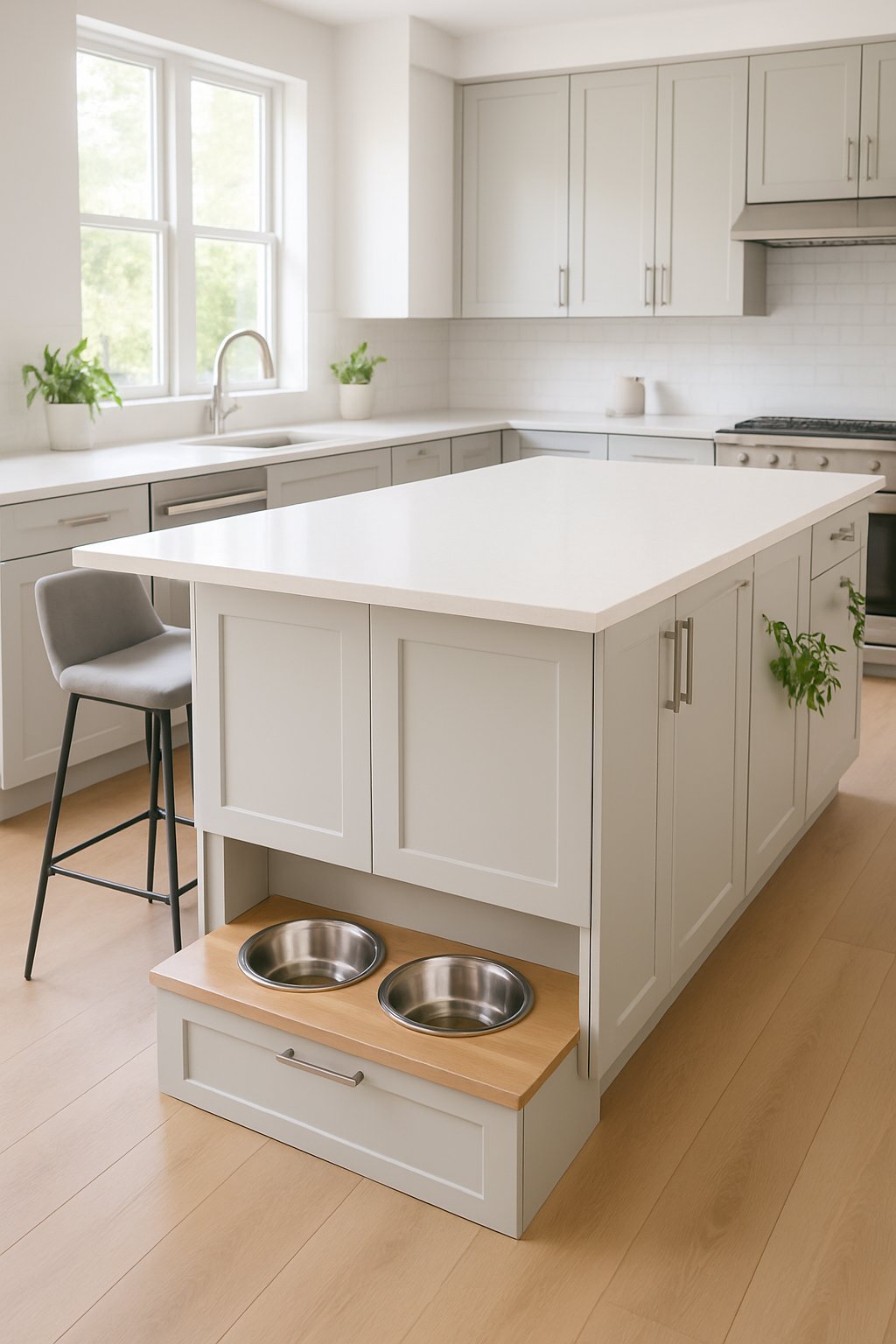 Kitchen island with a built-in dog feeding station containing two bowls in a modern kitchen.