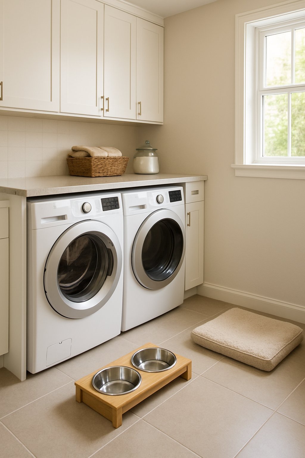 A laundry room with a washing machine and dryer, featuring a dog feeding station with two bowls on a tray on the floor.