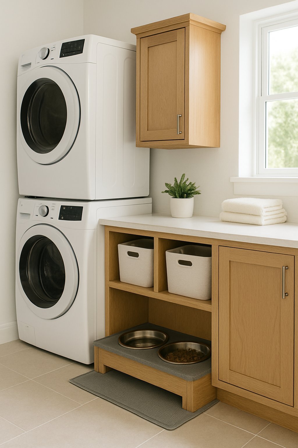 Laundry room with stacked washer and dryer next to a built-in dog feeding station with bowls and storage.
