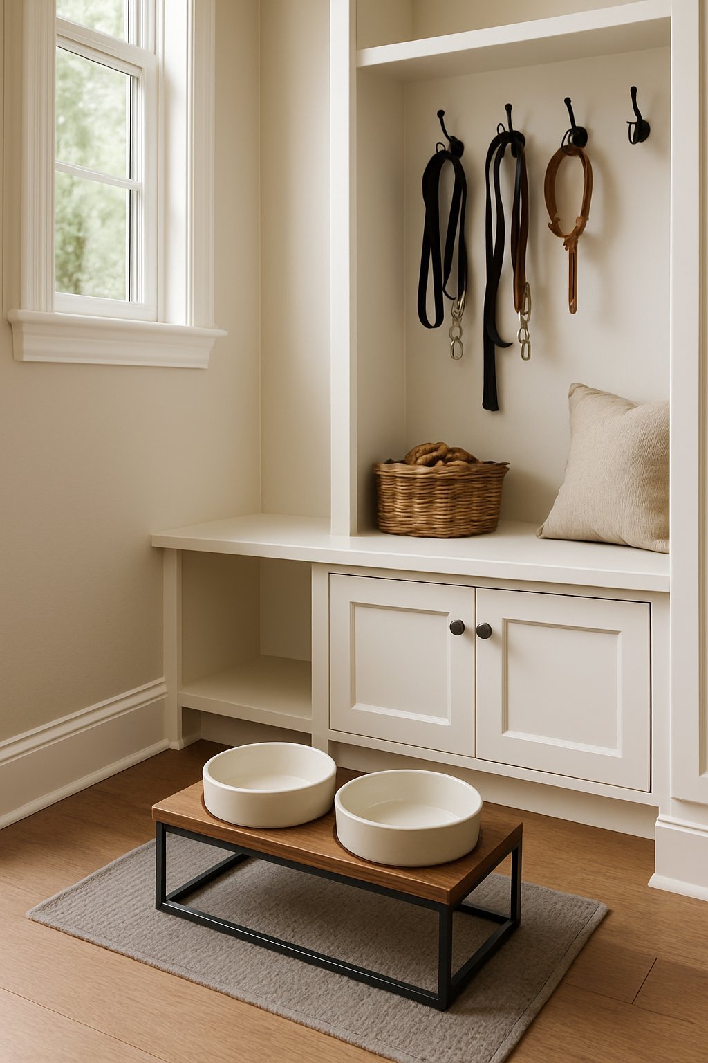 A mud room with a dog feeding station including two bowls on a stand and organized pet supplies nearby.
