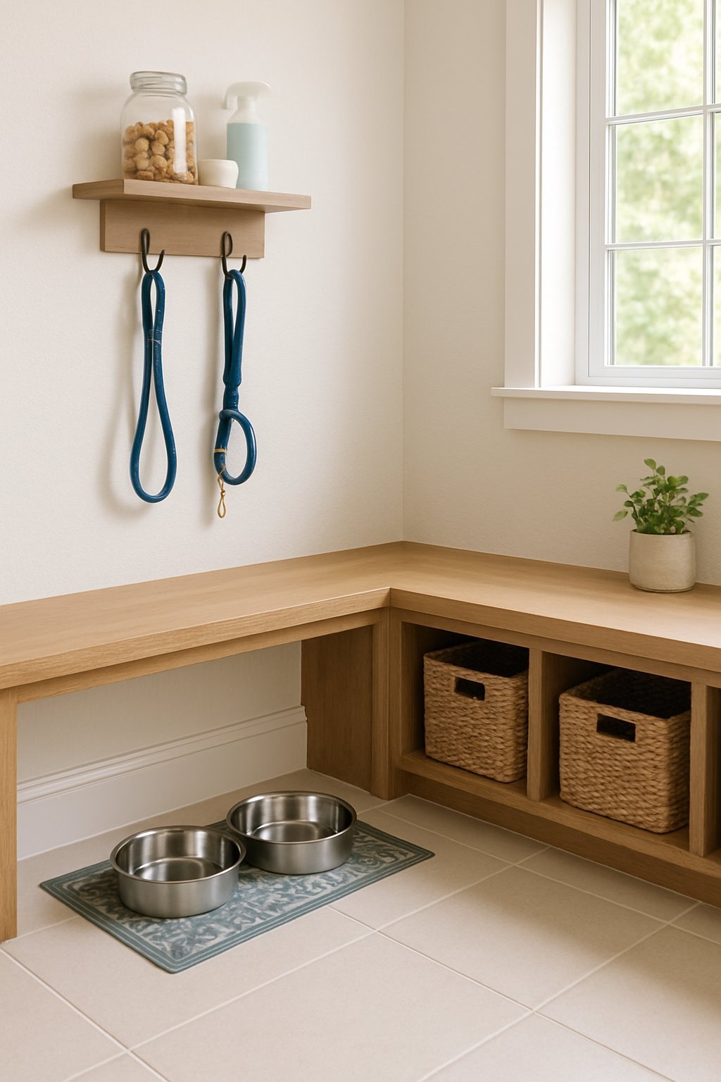 A mud room with a dog feeding station including two stainless steel bowls on a mat under a wooden bench with storage, a leash hanging on the wall, and pet supplies neatly organized.