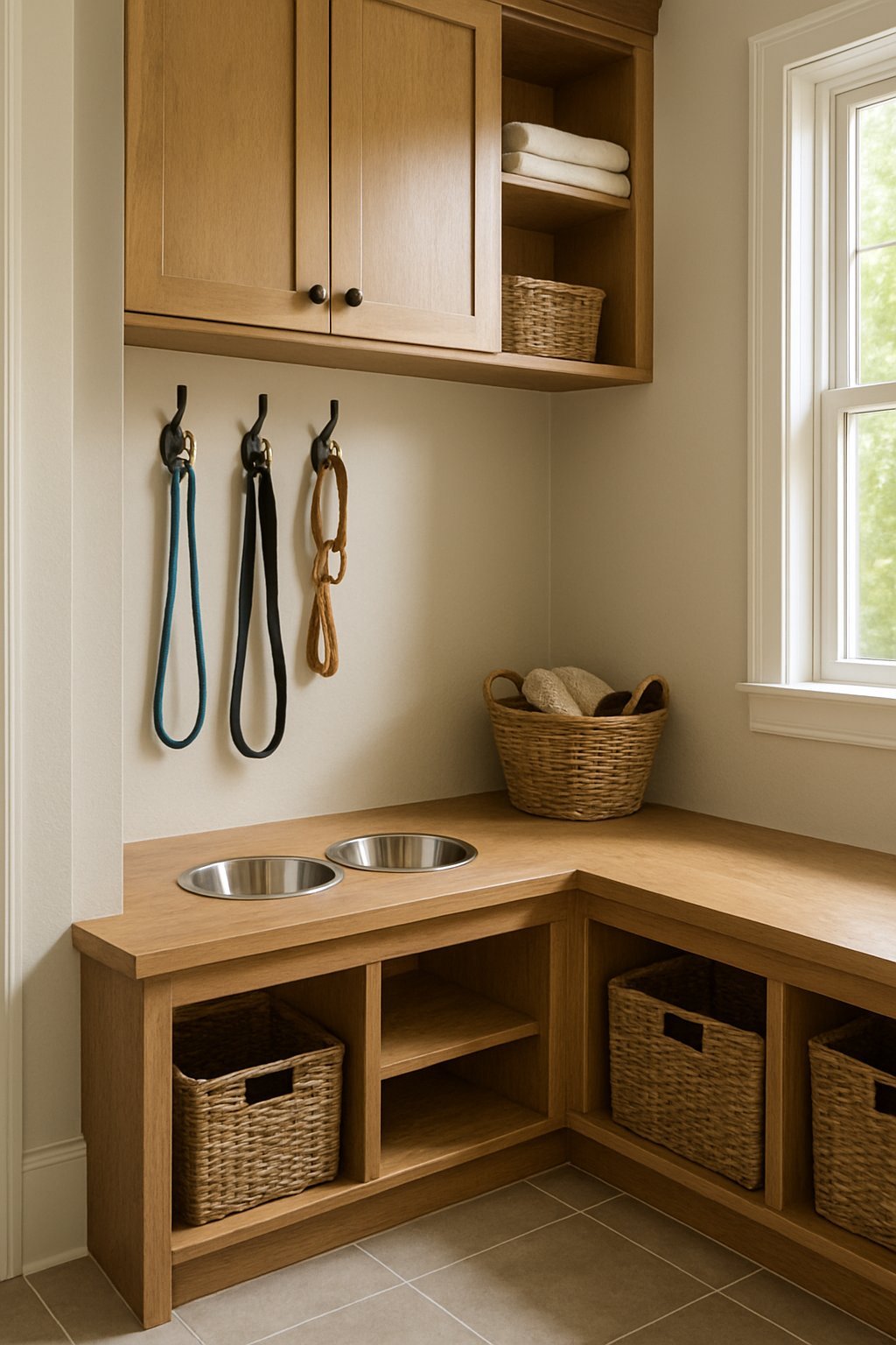 A mud room with a built-in dog feeding station featuring two bowls, storage cubbies, hooks with leashes, and pet supplies.