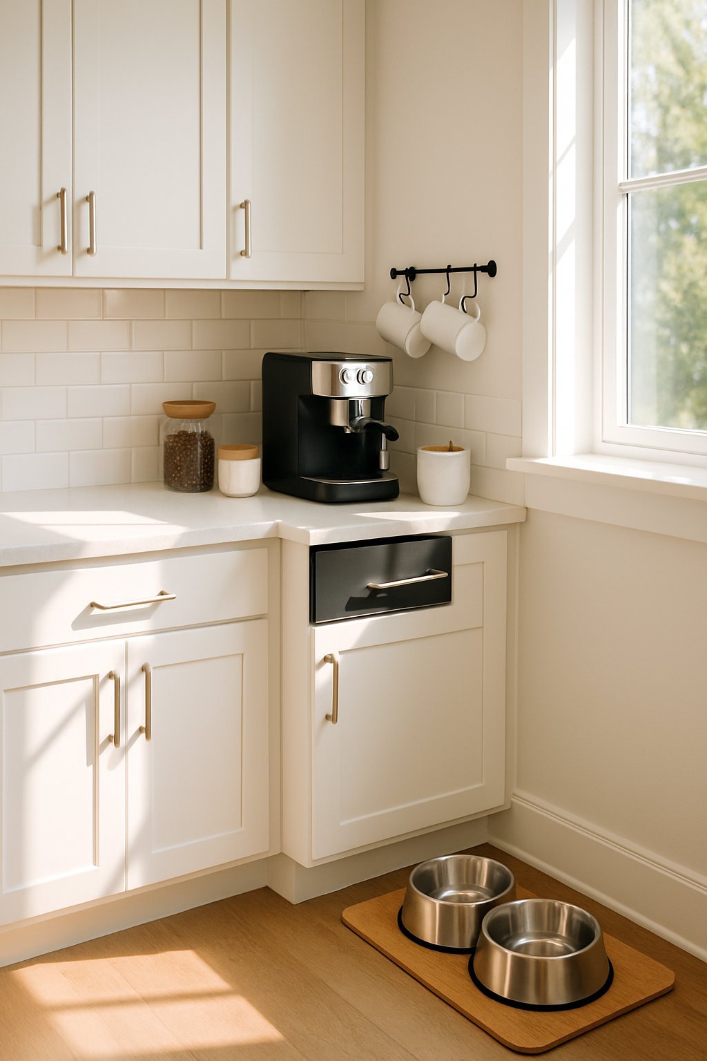 A kitchen corner with a coffee bar and a dog feeding station featuring two bowls on a wooden mat.