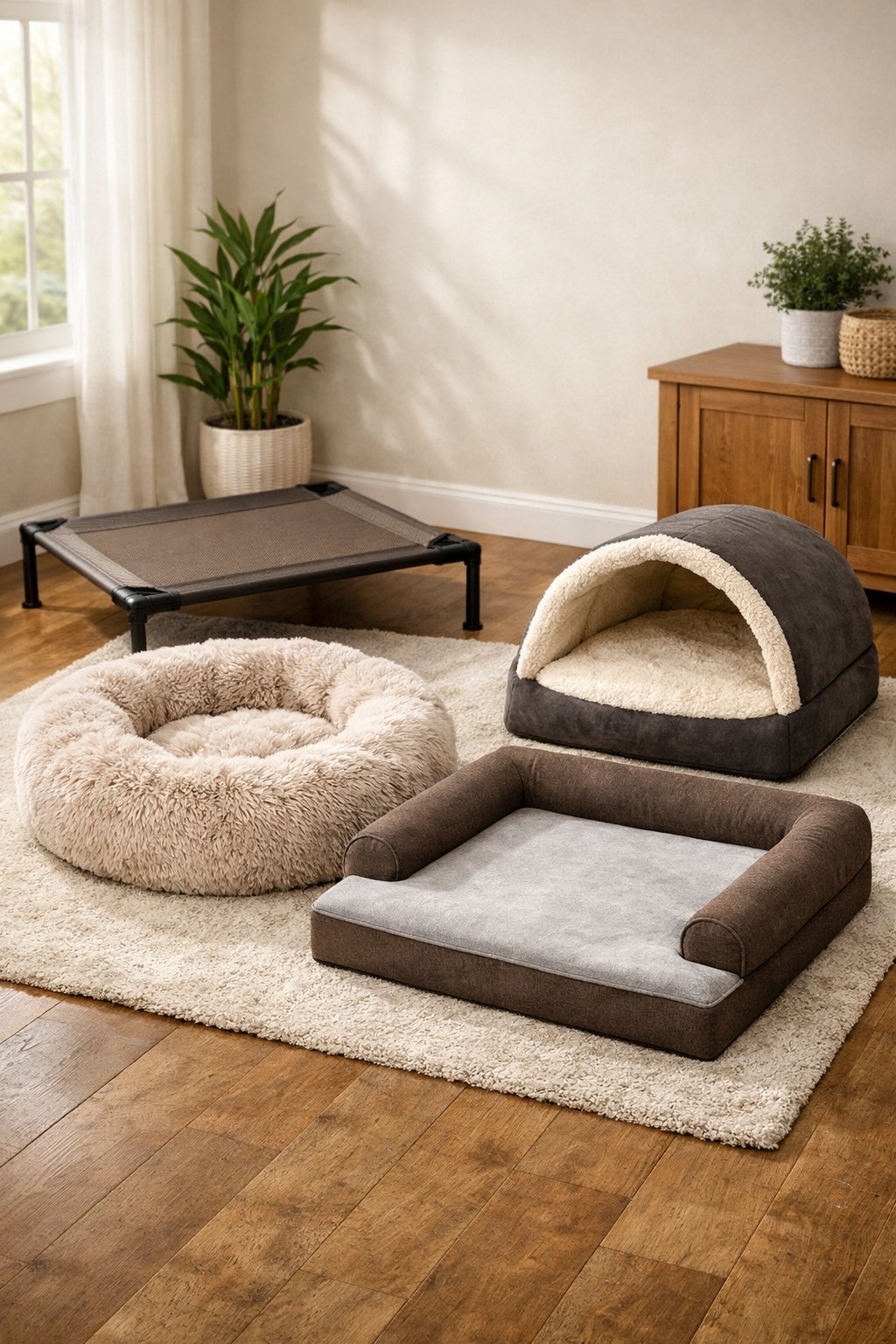 A variety of different dog beds arranged in a cozy room with natural light and plants.