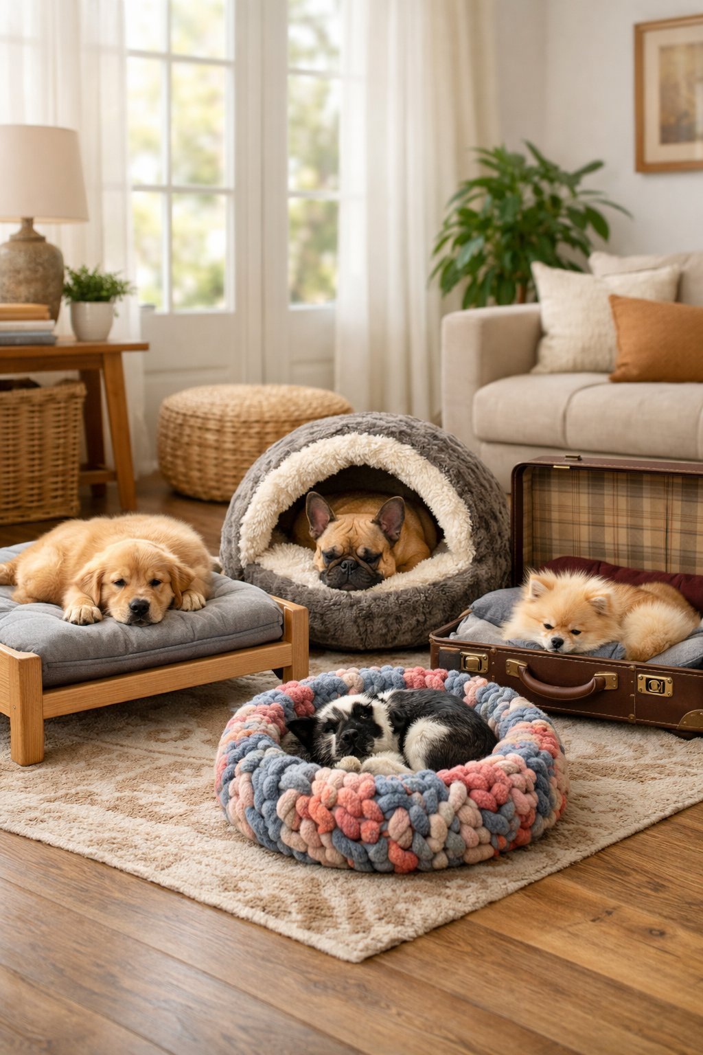 Several dogs resting comfortably on different creative dog beds in a cozy living room.