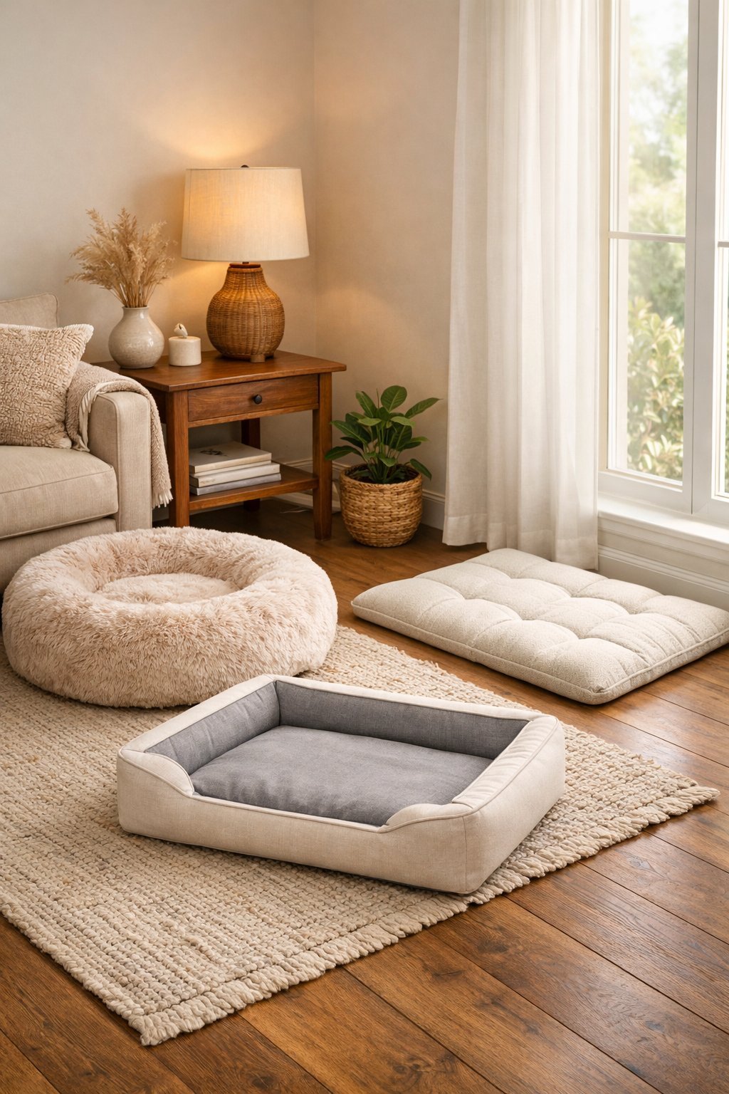 A living room corner with several dog beds arranged near a window, surrounded by home decor items like a plant and a side table.