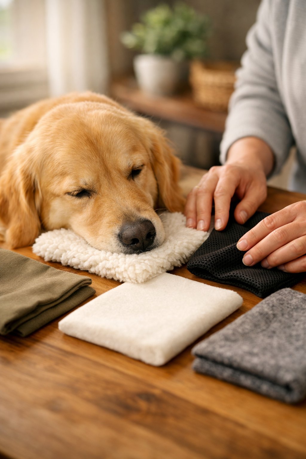 A dog sniffing different fabric samples on a table while a person compares materials for a dog bed.