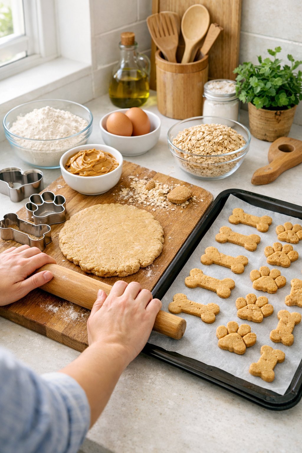 DIY Dog Treats: Easy Homemade Recipes Your Pup Will Love Hands rolling out dough on a wooden board with cookie cutters and ingredients for making dog treats on a kitchen countertop.