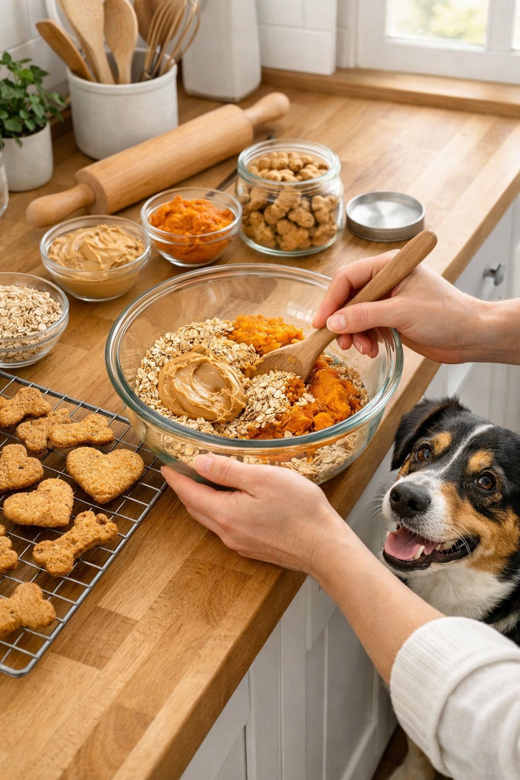 DIY Dog Treats: Easy Homemade Recipes Your Pup Will Love A person making homemade dog treats in a kitchen with a dog watching nearby.