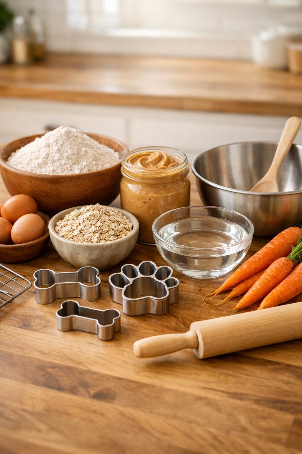 DIY Dog Treats: Easy Homemade Recipes Your Pup Will Love A kitchen countertop with ingredients like flour, oats, peanut butter, eggs, carrots, and dog treat cookie cutters arranged for making homemade dog treats.
