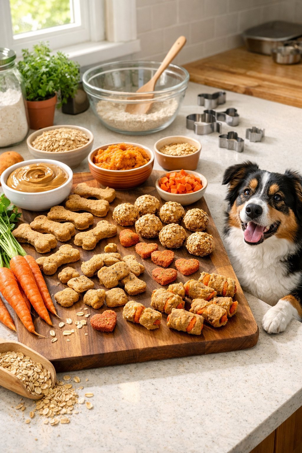 DIY Dog Treats: Easy Homemade Recipes Your Pup Will Love A kitchen countertop with homemade dog treats, ingredients, and a dog sitting nearby watching.