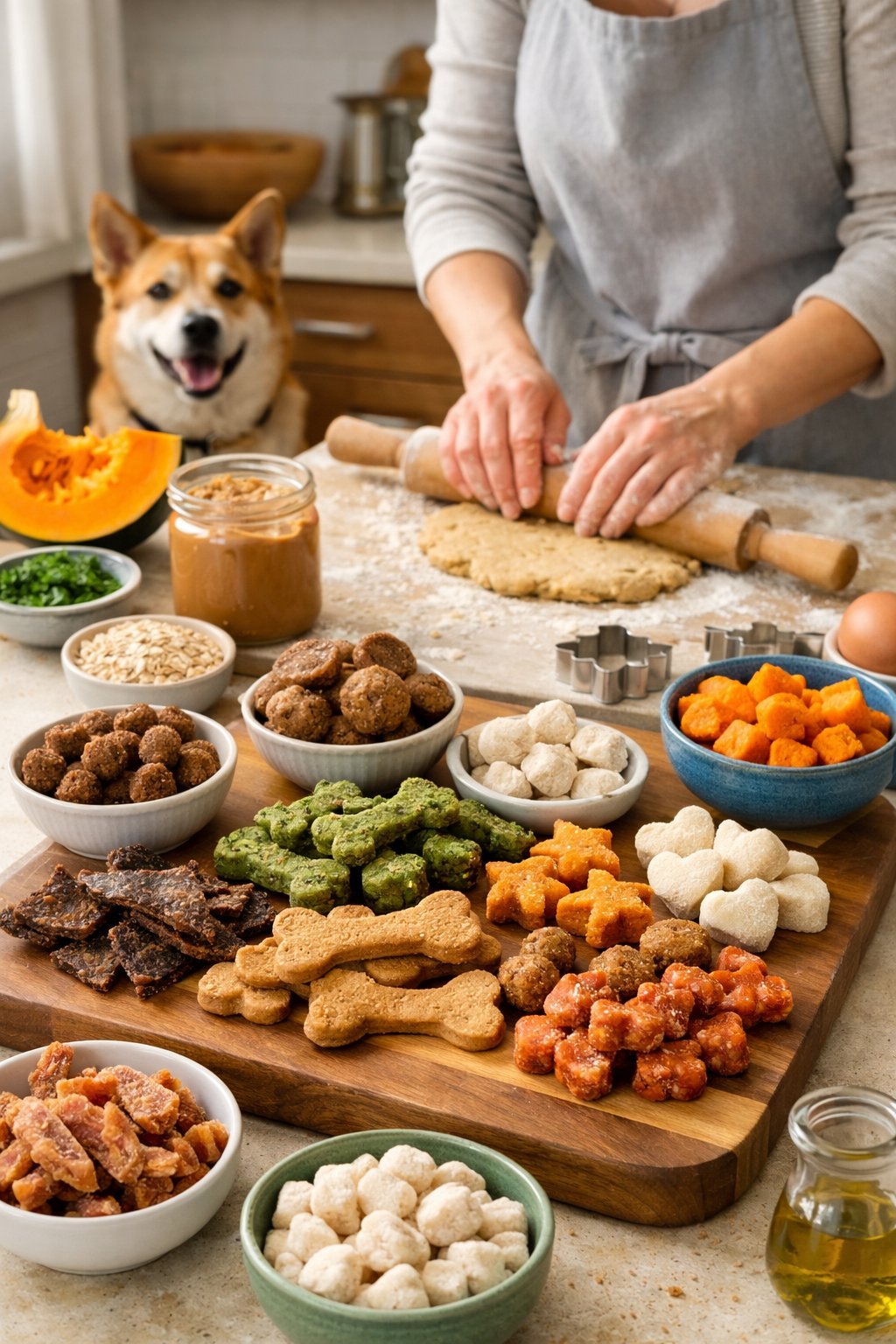 DIY Dog Treats: Easy Homemade Recipes Your Pup Will Love A person preparing various homemade dog treats on a kitchen counter while a dog watches nearby.