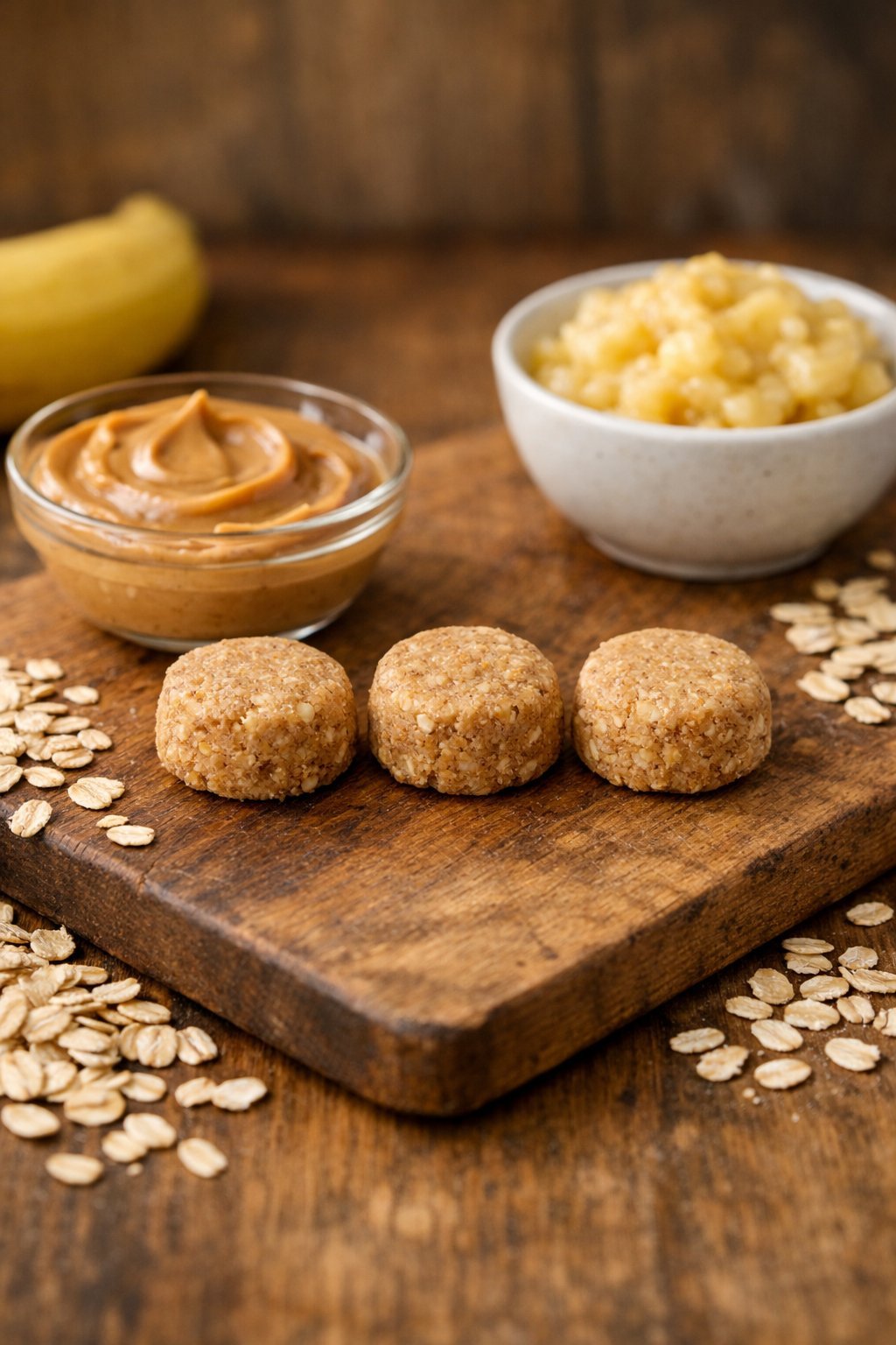 Three small homemade dog treats on a wooden board with peanut butter, mashed bananas, and oats nearby.