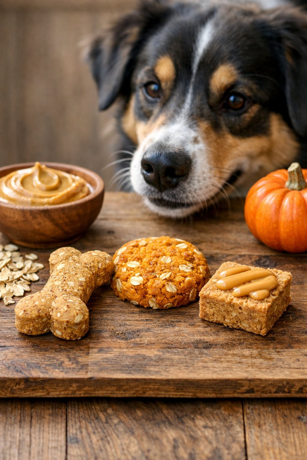 Three natural dog treats on a wooden surface with peanut butter, oats, and pumpkin nearby, and a dog looking at them.
