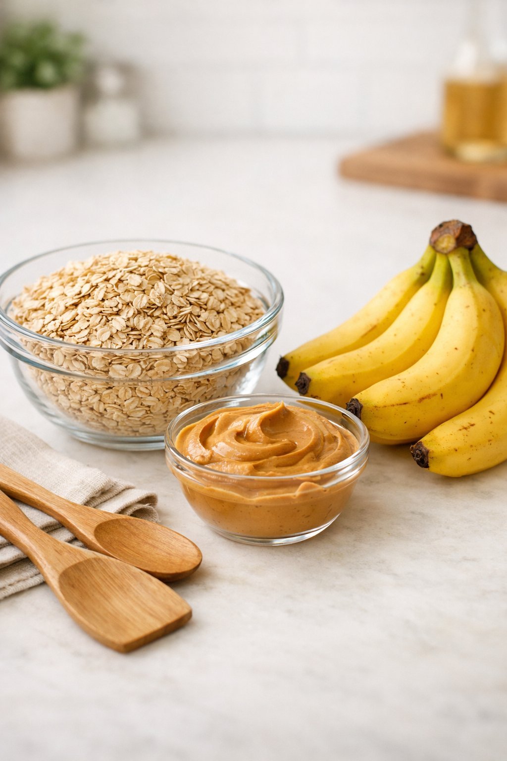Three main ingredients for dog treats on a kitchen countertop: rolled oats, peanut butter, and bananas in bowls.
