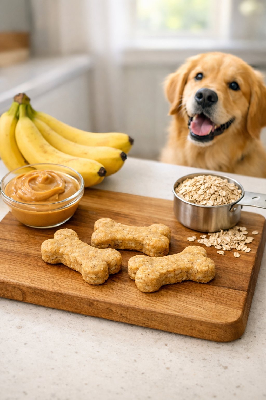 A wooden cutting board with three homemade dog treats and ingredients including peanut butter, bananas, and oats on a kitchen countertop, with a golden retriever looking at them.