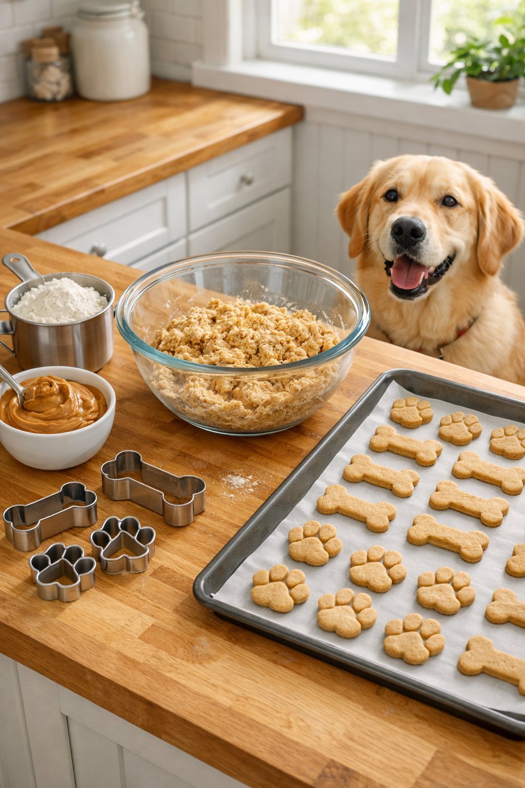 A kitchen countertop with ingredients and tools for making dog treats, and a dog watching nearby.