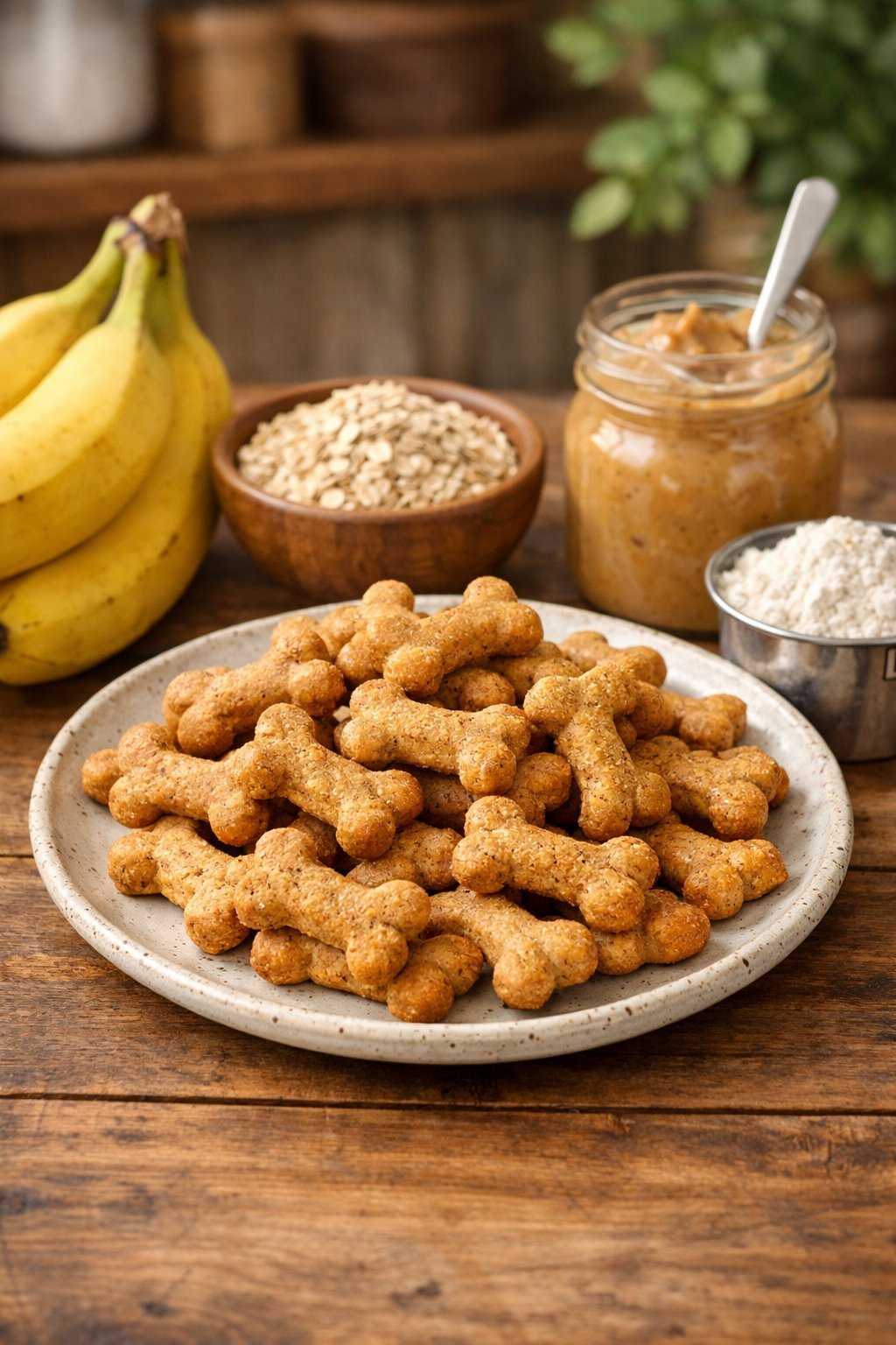 A plate of bone-shaped banana dog treats on a wooden table surrounded by bananas, oats, peanut butter, and flour with a blurred kitchen background.