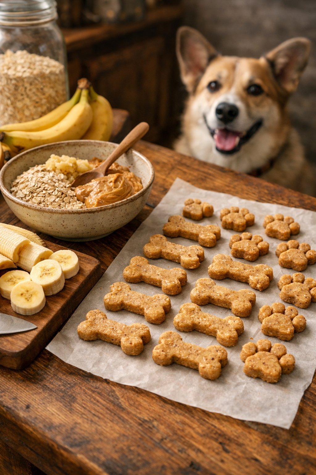 A kitchen scene with sliced bananas, dog treats on parchment paper, and a dog watching the preparation.