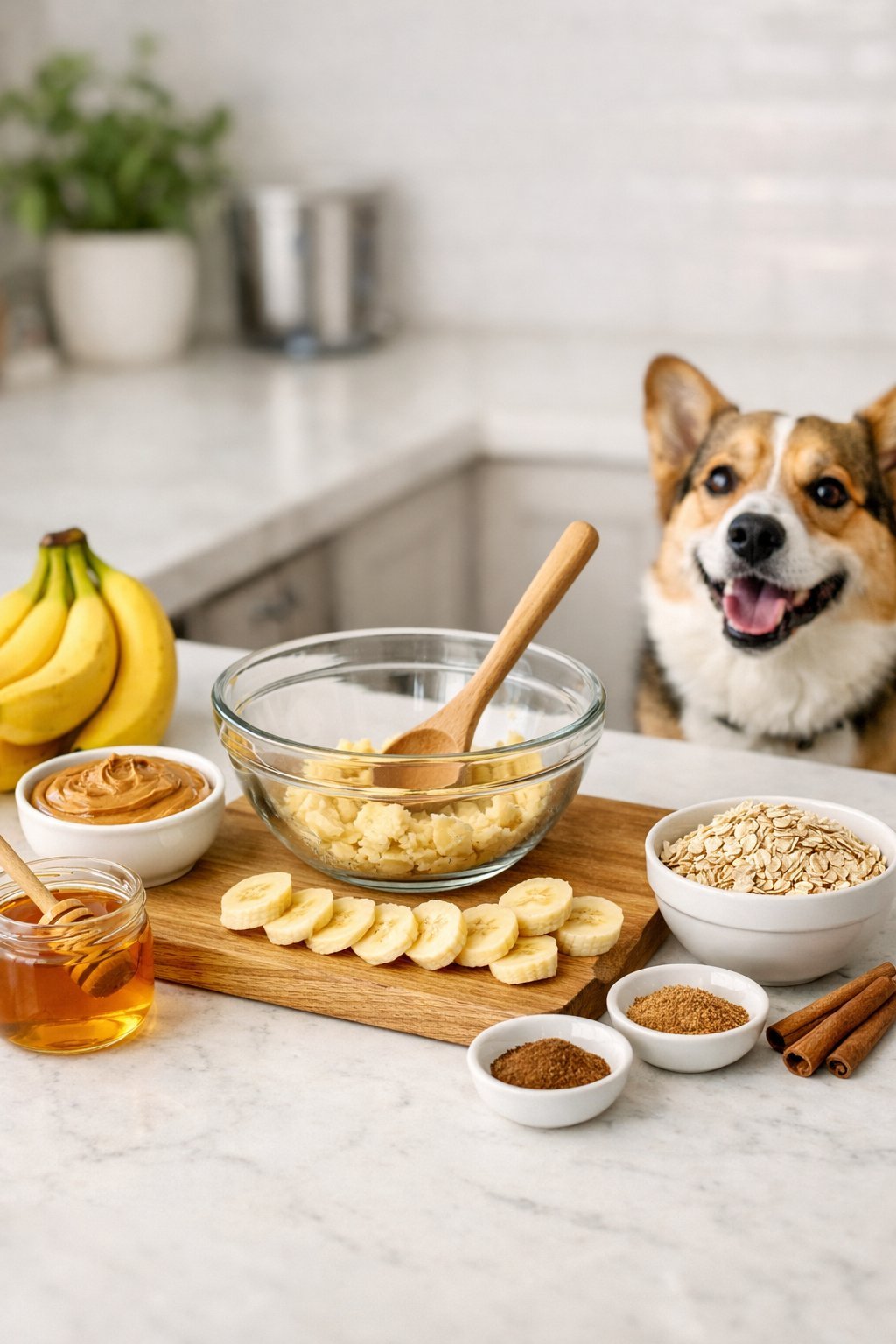 A kitchen countertop with fresh ingredients like bananas, oats, peanut butter, and a dog watching nearby as banana dog treats are being prepared.