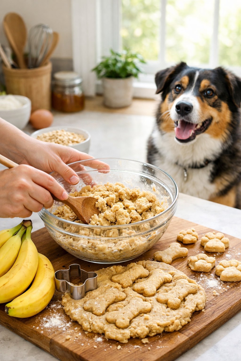 Hands mixing dough with bananas and a dog watching in a kitchen.