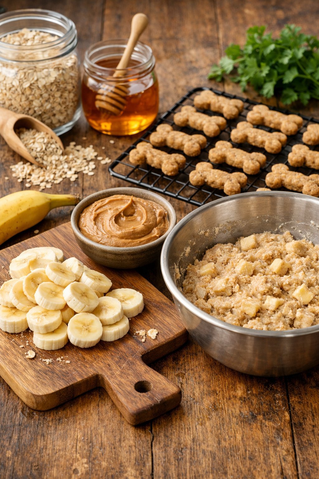 A kitchen scene with sliced bananas, peanut butter, dough mixture, and bone-shaped dog treats on a cooling rack.