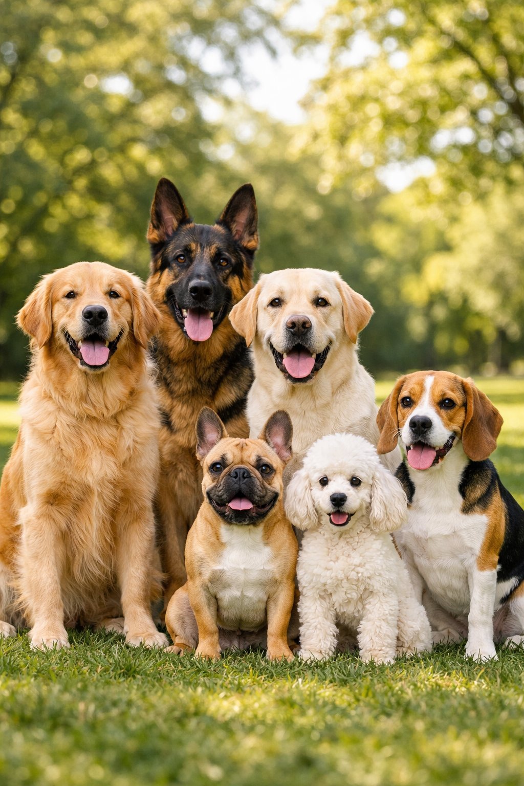 A group of popular dog breeds sitting and standing together outdoors in a green park.