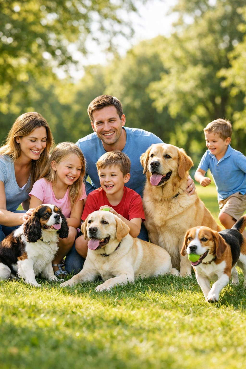 A family playing with several friendly dogs in a sunny park.