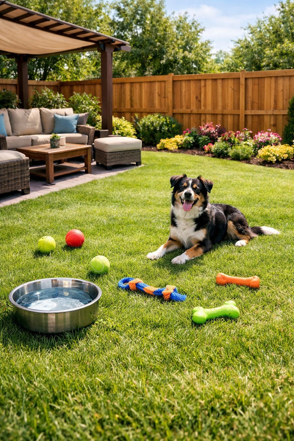 Dog Friendly Backyard: Ultimate Guide to a Safe & Happy Yard A backyard with green grass, a wooden fence, dog toys, a water bowl, and a dog playing on the lawn.