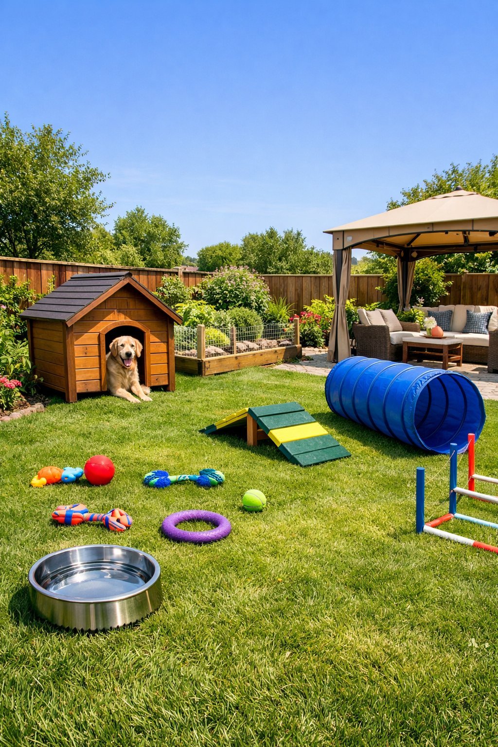 Dog Friendly Backyard: Ultimate Guide to a Safe & Happy Yard A backyard with green grass, a wooden dog house, dog toys, a water bowl, a fenced garden area, and a shaded seating spot.