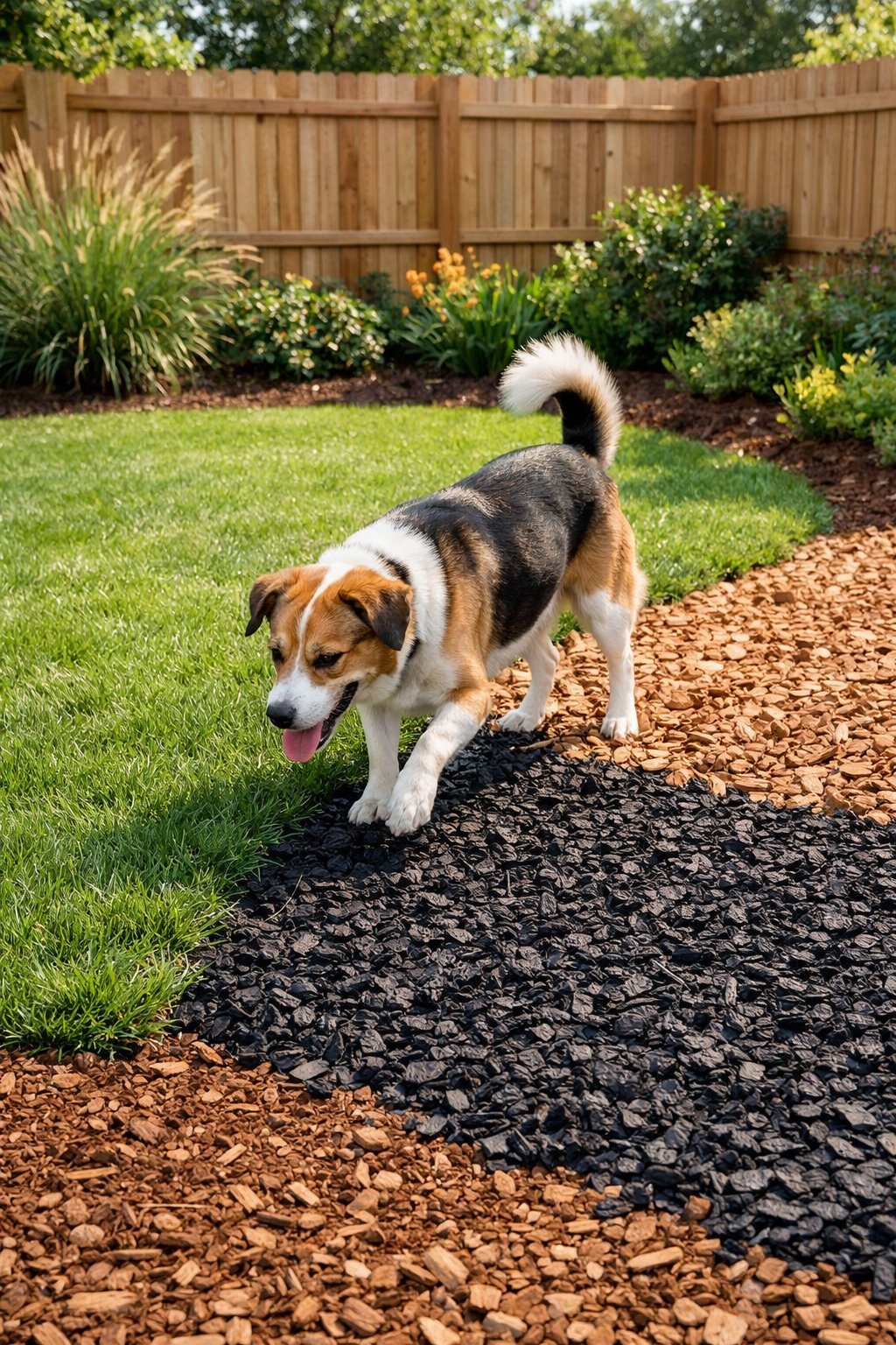 Dog Friendly Backyard: Ultimate Guide to a Safe & Happy Yard A dog exploring different safe ground surfaces in a fenced backyard with grass, wood mulch, and rubber mulch.