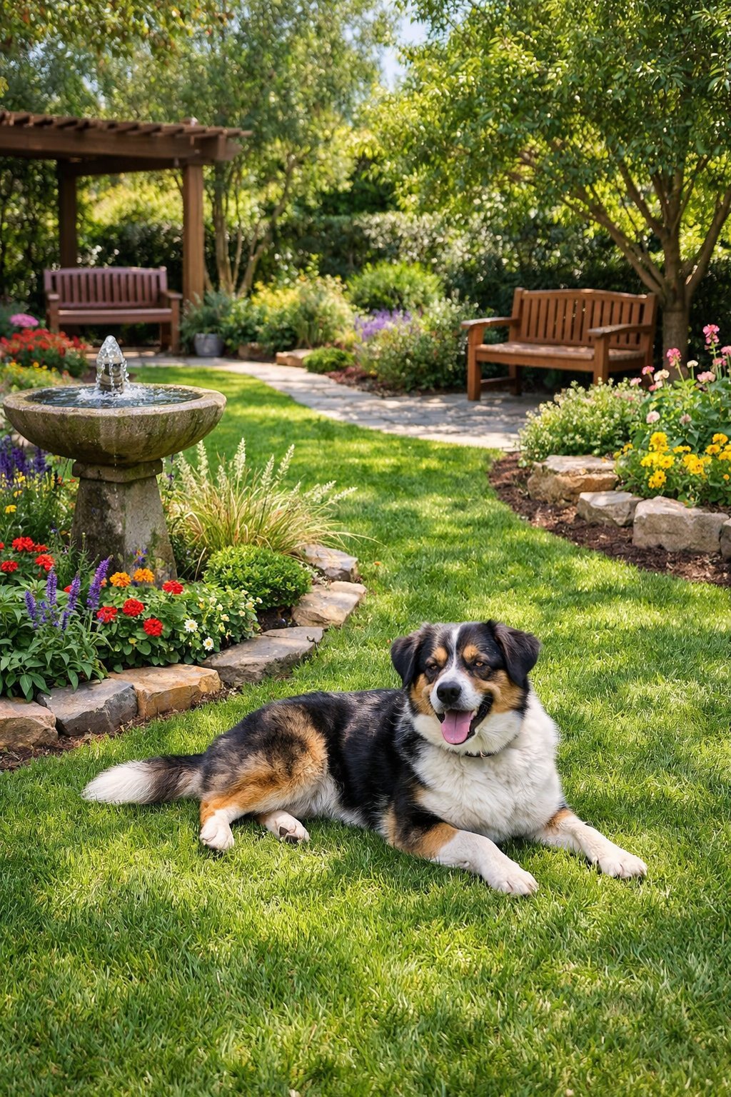 Dog Friendly Backyard: Ultimate Guide to a Safe & Happy Yard A dog resting on green grass in a backyard with colorful plants, stone pathways, and shaded seating areas.