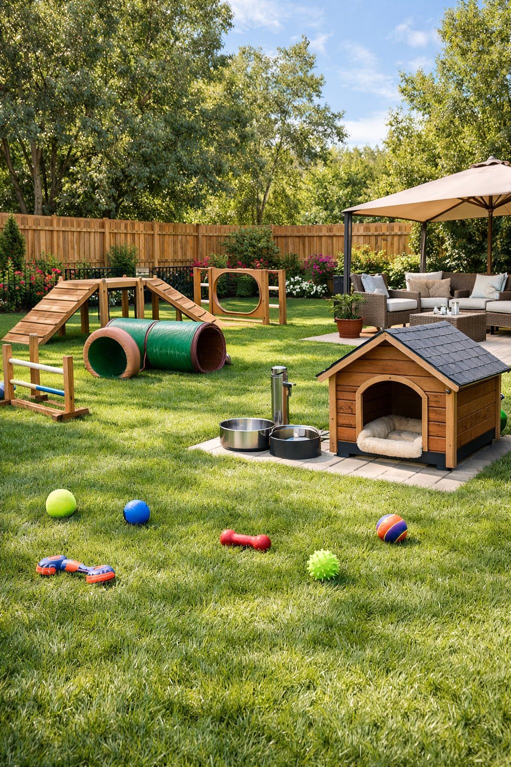Dog Friendly Backyard: Ultimate Guide to a Safe & Happy Yard A dog-friendly backyard with a grassy lawn, agility equipment, dog toys, a doghouse, and a shaded seating area.