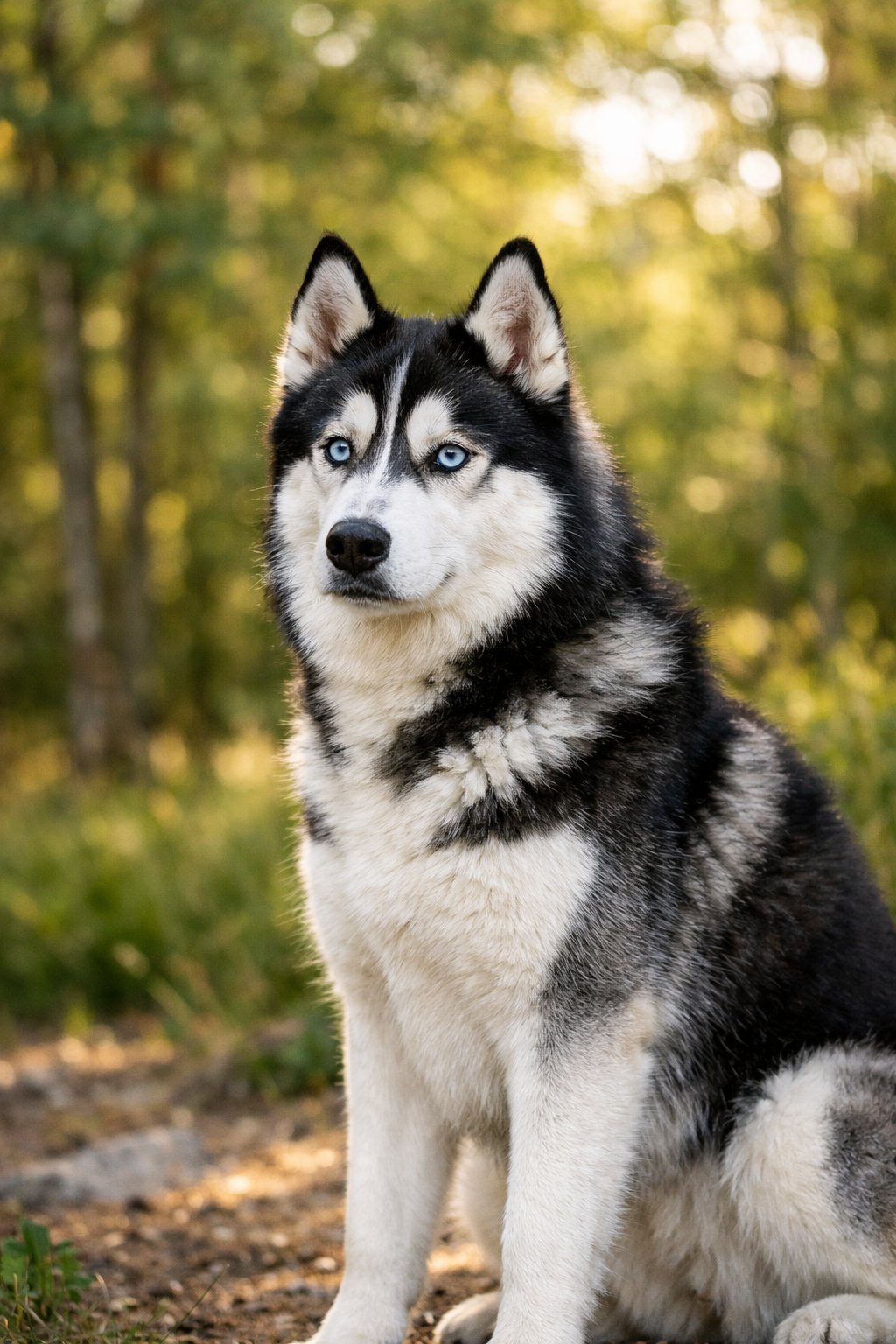 A Siberian Husky dog sitting outdoors in a forest with green trees and sunlight.