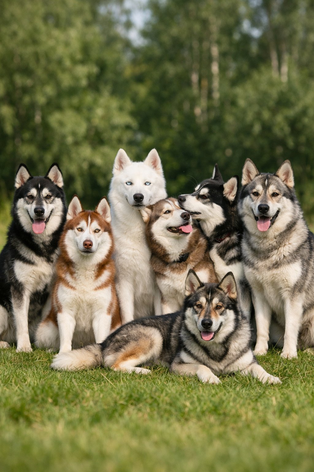 Several huskies of different breeds and colors sitting and playing together outdoors on a grassy field with trees in the background.