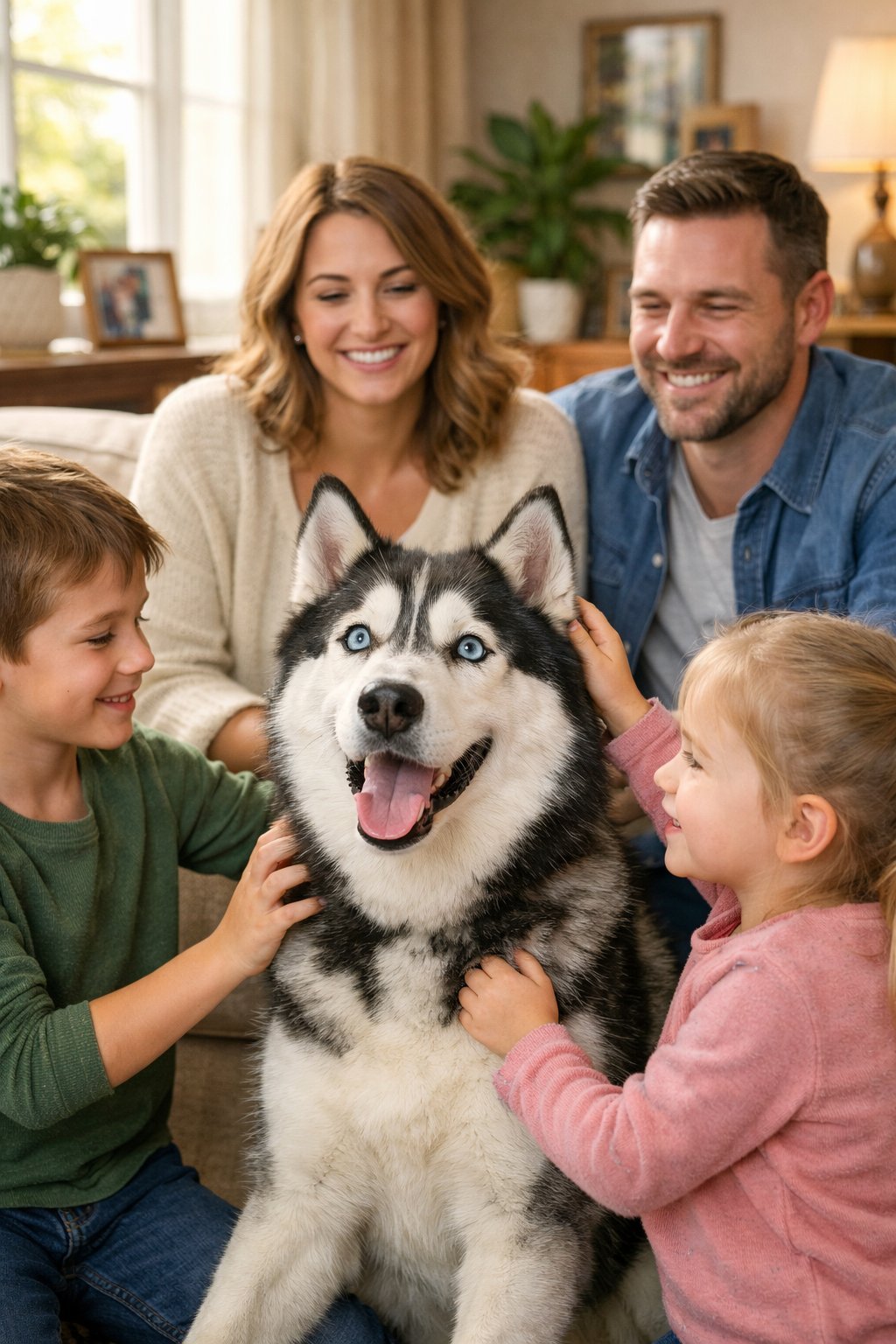 A Siberian Husky dog playing with a family of four in a cozy living room.