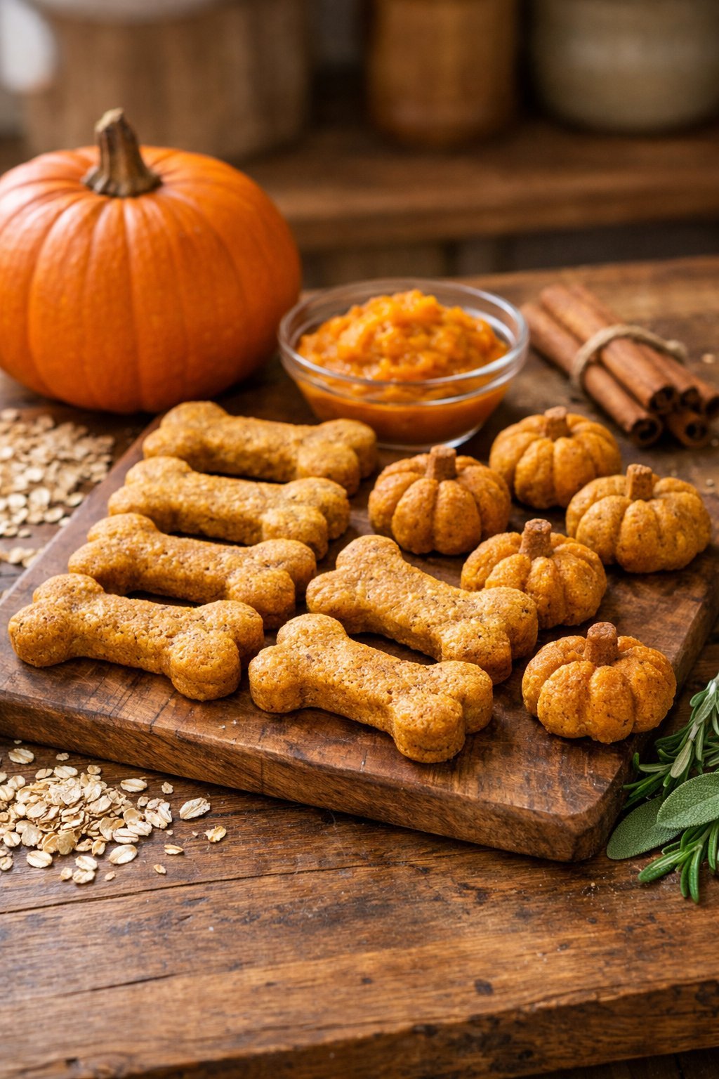 Freshly baked pumpkin dog treats on a wooden board surrounded by pumpkin, pumpkin puree, oats, and cinnamon sticks in a kitchen setting.