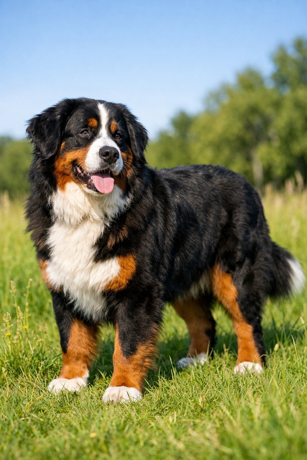 A Bernese Mountain Dog standing in a green meadow with trees in the background on a sunny day.