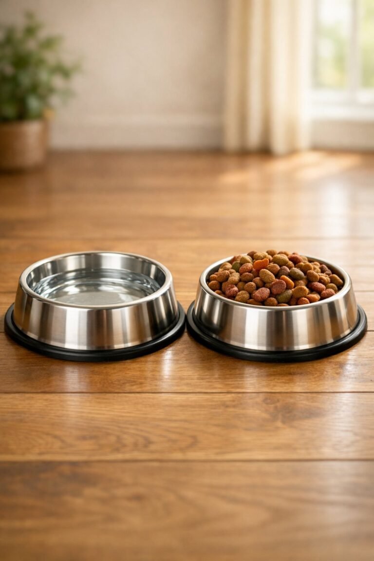 Two dog bowls on a wooden floor, one filled with water and the other with dry dog food.