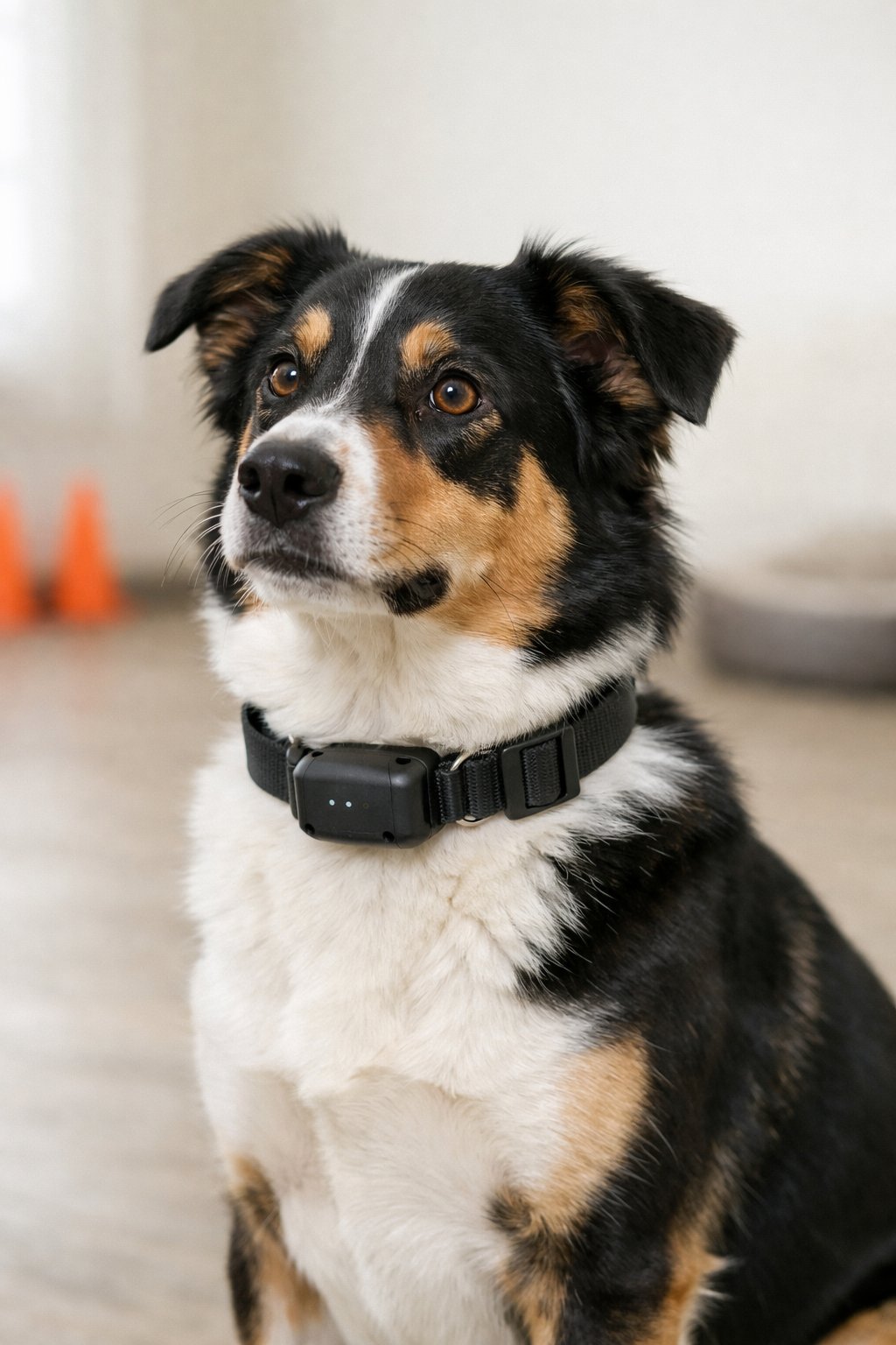 A dog wearing a training collar sitting attentively in a bright indoor training space.
