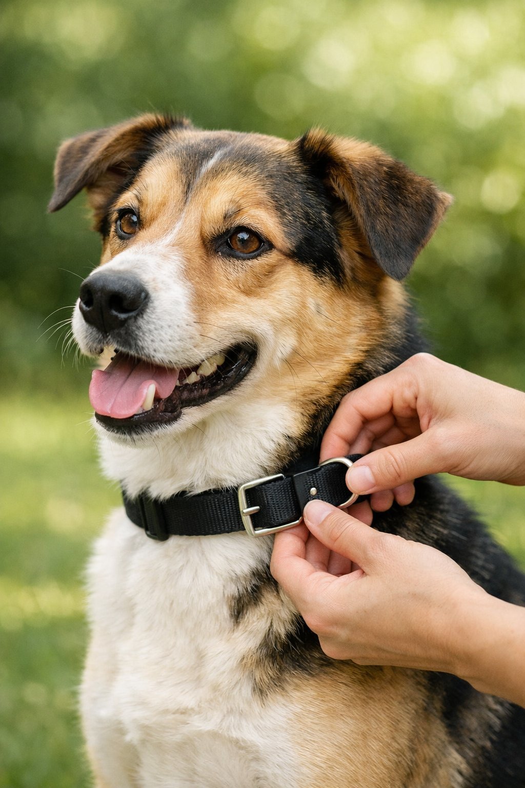 A person adjusting a dog collar on a calm dog outdoors.
