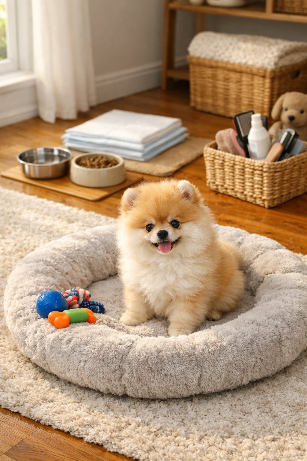 A Pomeranian puppy sitting on a dog bed in a cozy living room with puppy supplies nearby.