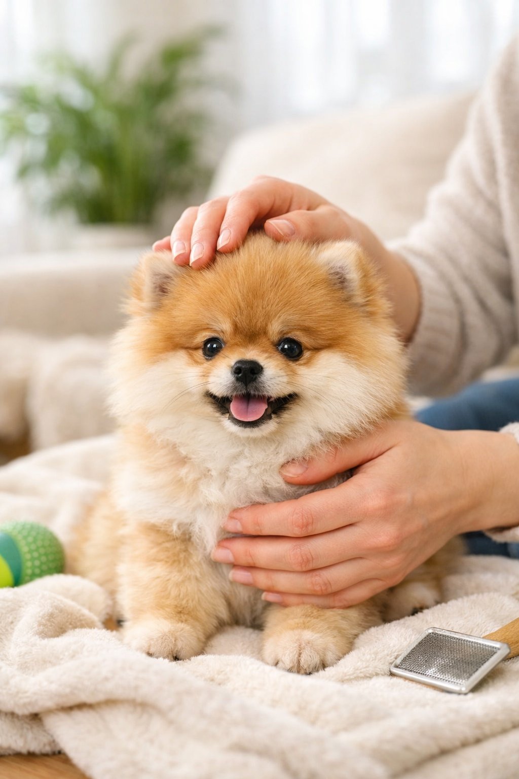 A person gently caring for a fluffy Pomeranian puppy sitting on a soft blanket indoors.