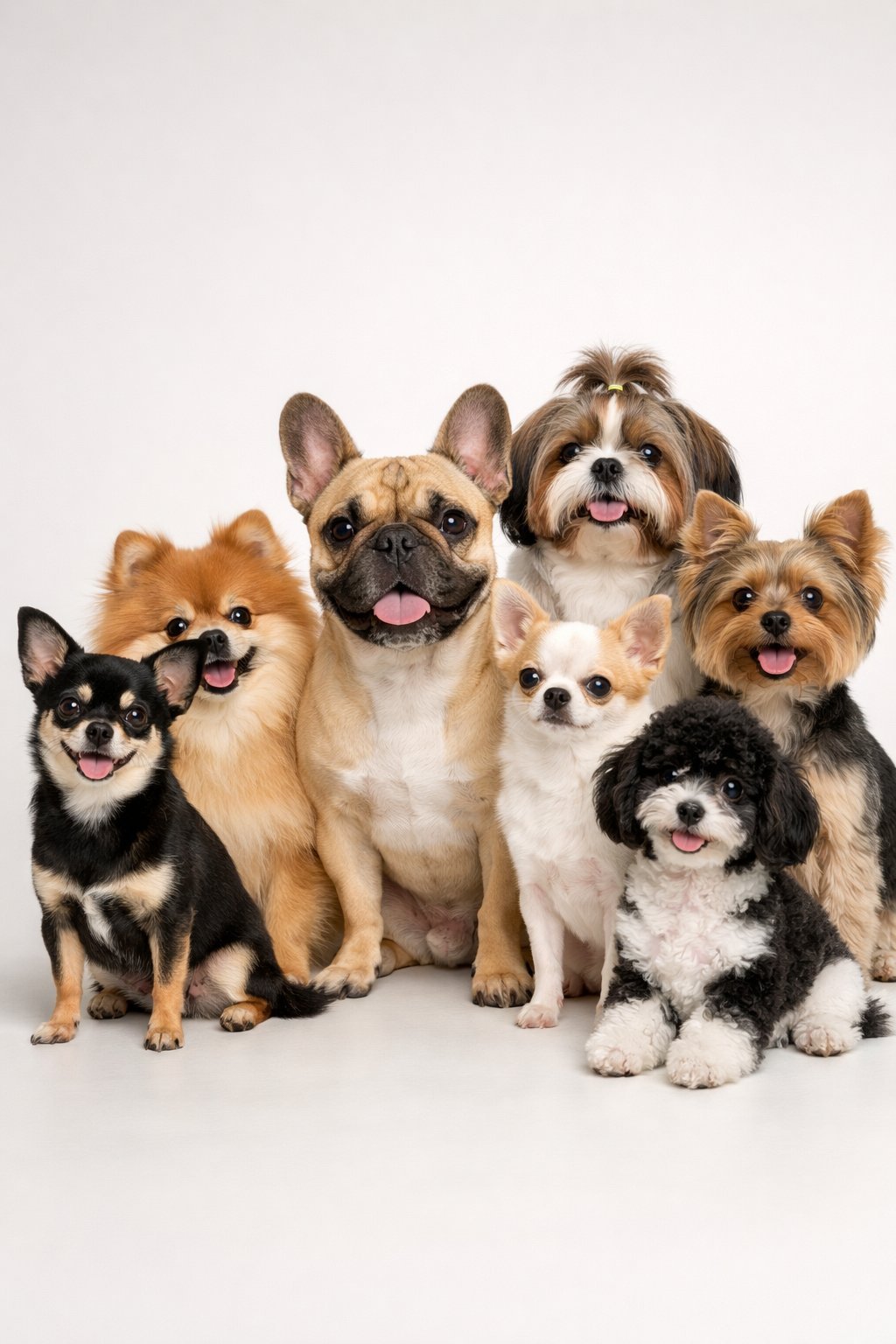 A group of small dogs sitting and standing together, looking towards the camera.