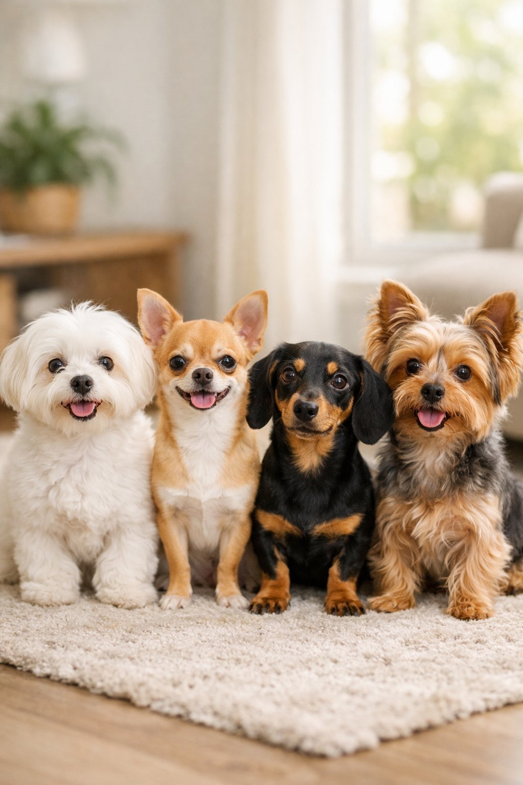 Several small dogs of different breeds sitting and standing together indoors on a soft rug.