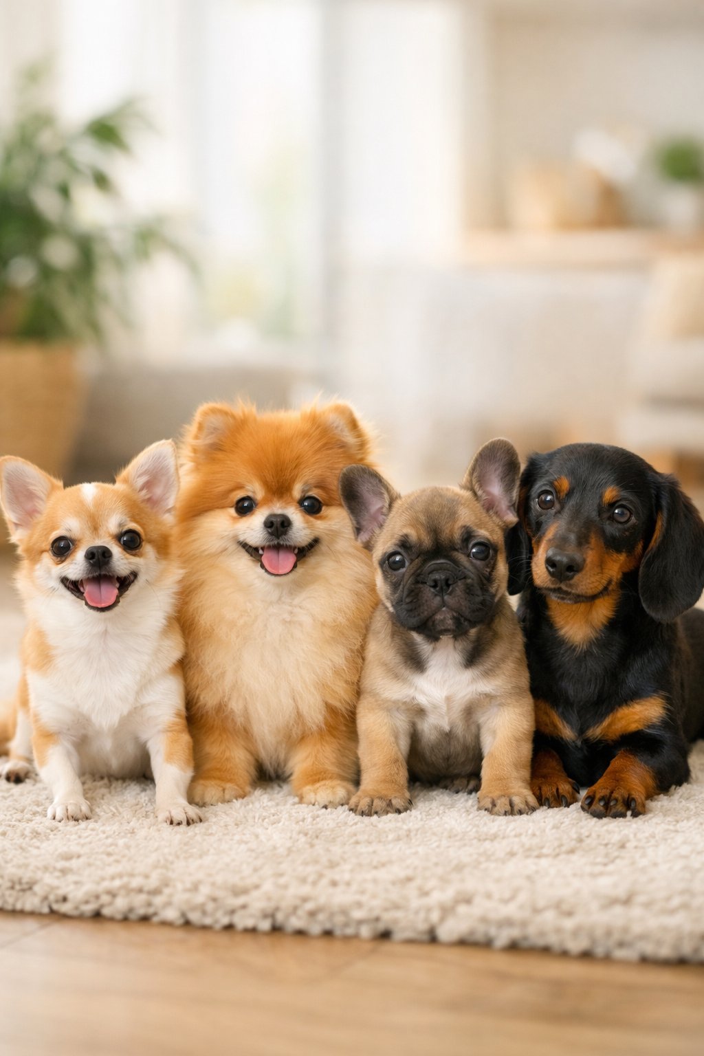 Several small dogs of different breeds sitting and standing together on a soft rug indoors.